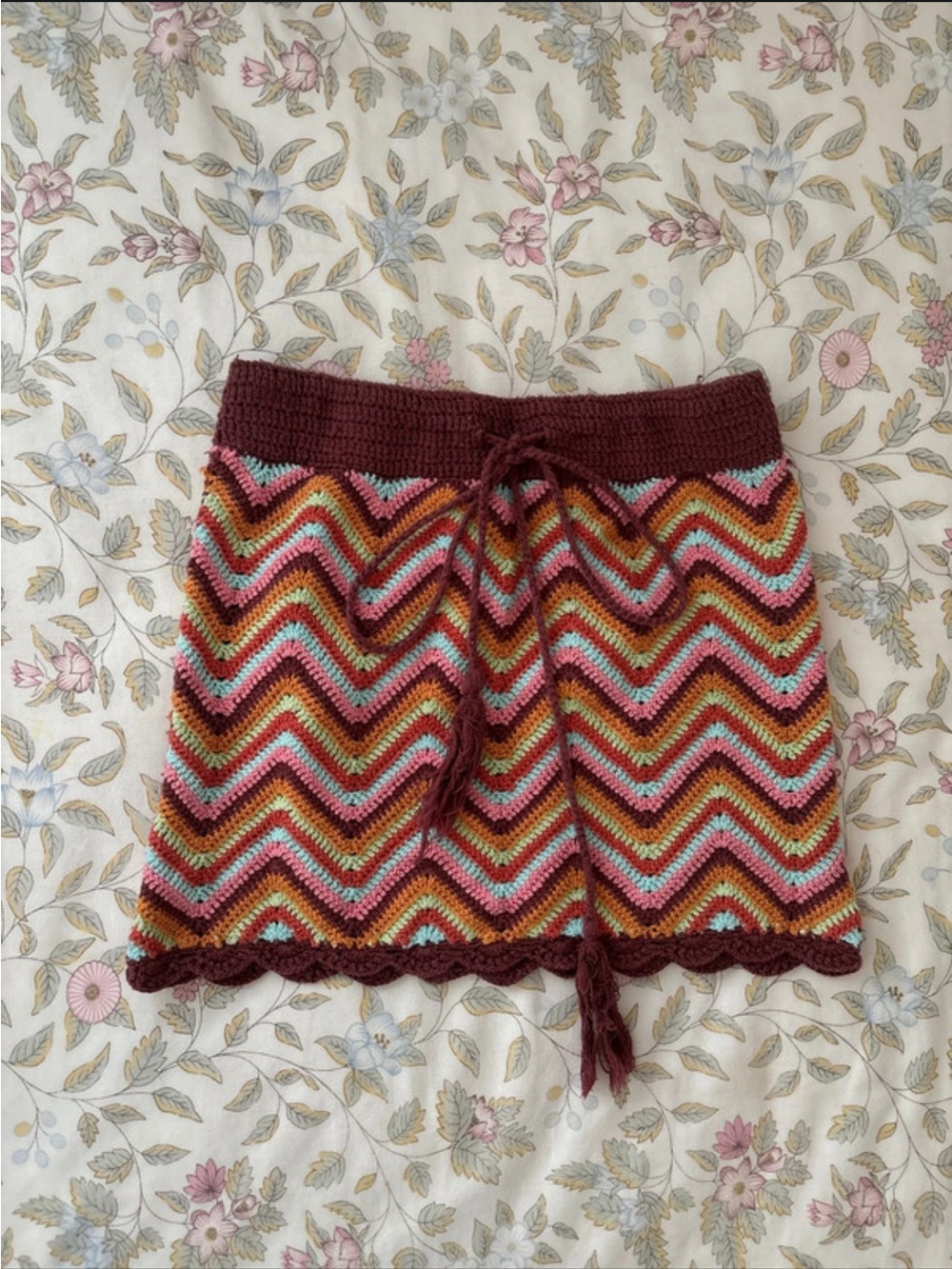 Forever 21 Burgundy Chevron Crochet Mini Skirt with Pink, Teal & Mustard Stripes